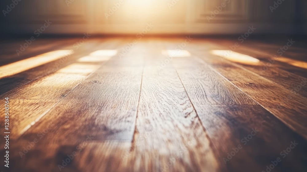 Sunlit hardwood floor, interior room, warm light, background blur, product display Sunlit hardwood floor, interior room, warm light, background blur, product display