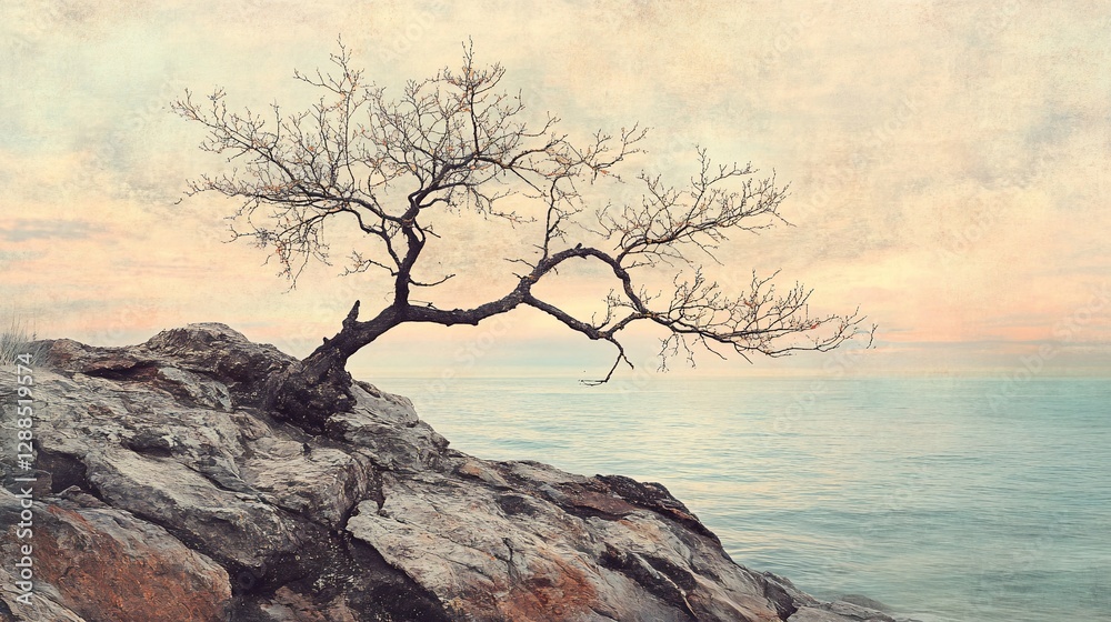 Solitary tree on rocky coast at sunrise. (1) Solitary tree on rocky coast at sunrise. (1)