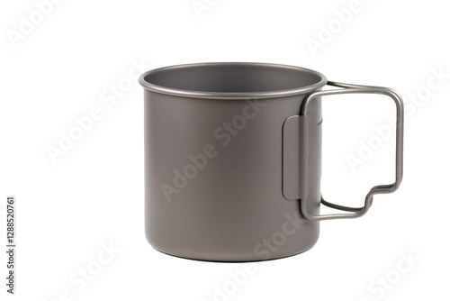 Titanium coffee mug isolated on white background. Tableware for hiking and trekking outdoors.