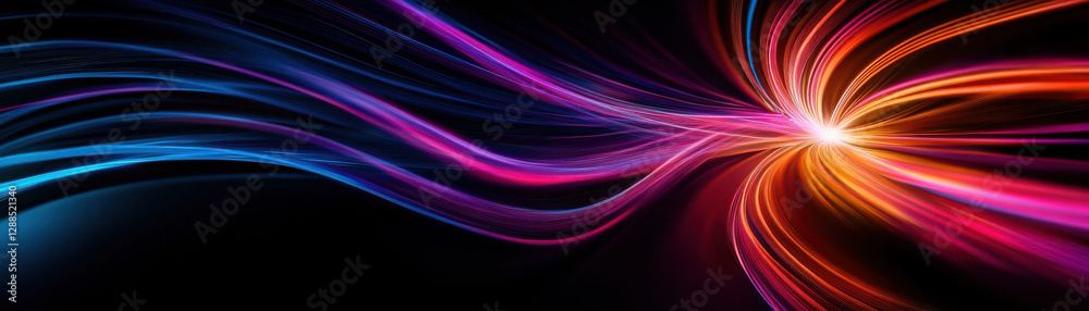 Obraz premium Colorful abstract fiber optic lights create vibrant, dynamic flow in dark background, evoking sense of energy and movement