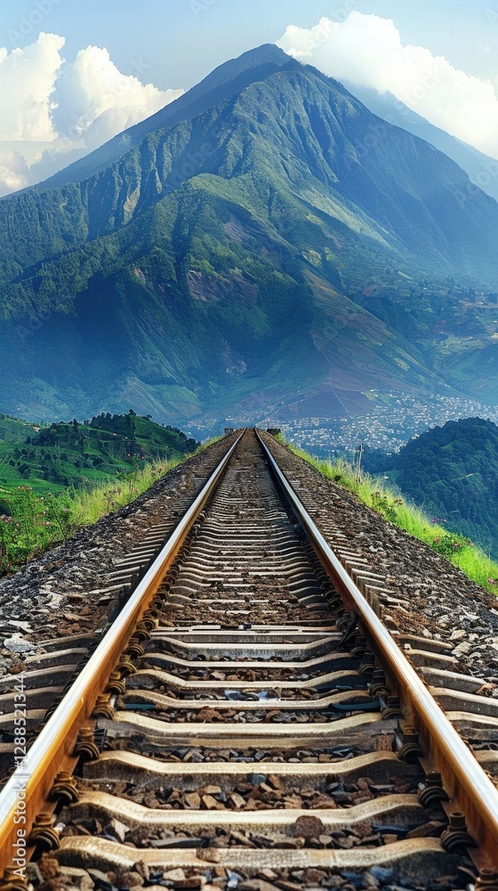 Fototapeta premium A serene landscape featuring railway tracks leading towards a majestic mountain, surrounded by lush greenery and a clear blue sky.