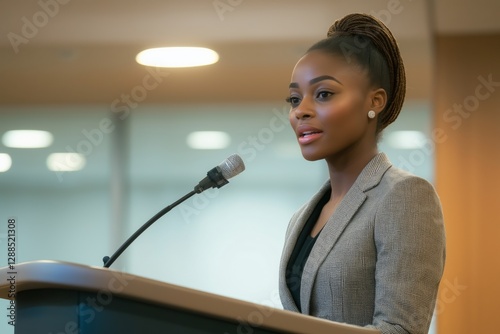 A confident, professional African-American woman in a blazer speaks into a microphone from the podium. The concept of public speaking.