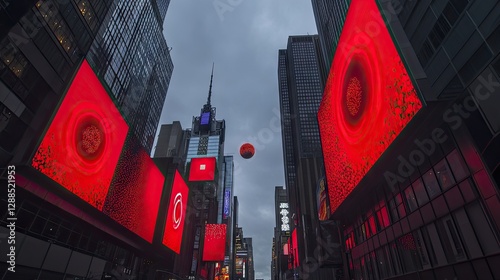 Vibrant Digital Billboards in a Bustling Cityscape at Dusk with Colorful Lights and Energy