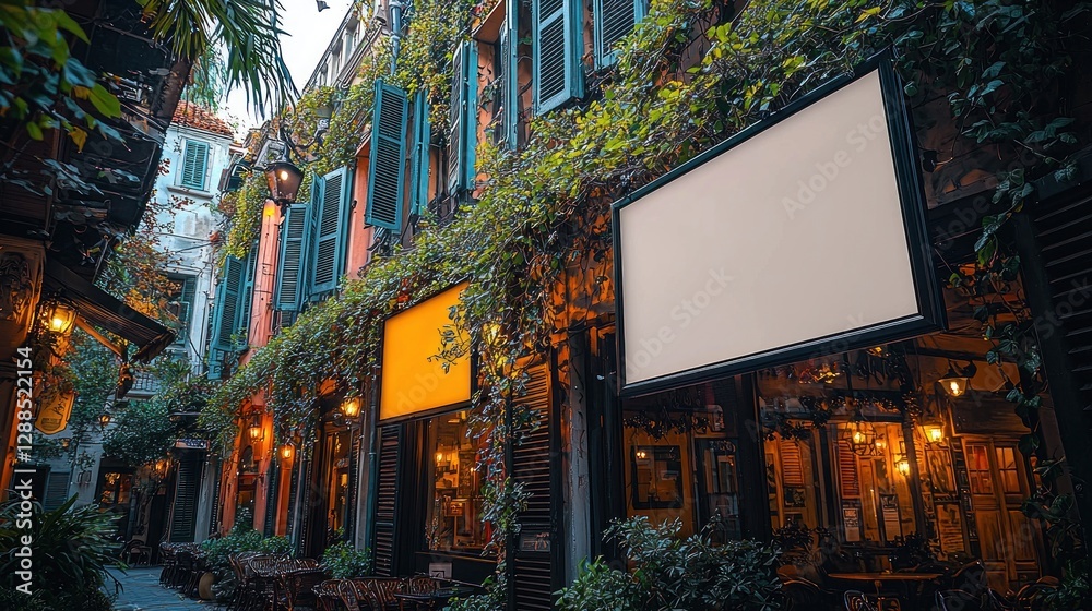 Fototapeta premium Café building covered in vines, illuminated in ancient alleyway at dusk