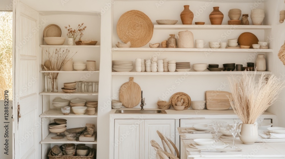 Fototapeta premium Coastal kitchen shelves display neutral pottery, dried flowers, table setting