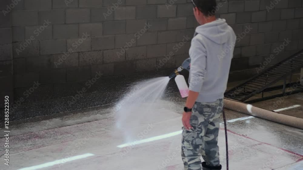 Medium shot. A specialist in camouflage pants and rubber boots uses a handheld sprayer, connected to a hose supplying compressed air, evenly applying fine foam to the carpet for deep cleaning.