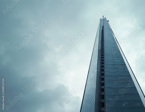 Shard skyscraper in London against cloudy sky. Tall building architecture features modern glass steel design. Urban city landscape construction engineering skyline. Metropolis landmark stands grand, photo