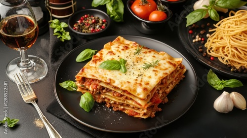 Meat lasagna layered melting concept. A delicious plate of lasagna garnished with basil, accompanied by wine and fresh tomatoes, showcasing an inviting Italian dining experience.