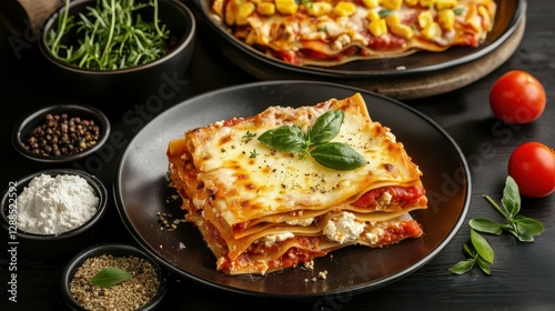 Meat lasagna layered melting concept. A delicious serving of lasagna layered with cheese and herbs, accompanied by fresh tomatoes and spices on a dark wooden table.
