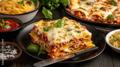 Meat lasagna layered melting concept. A delicious plate of lasagna topped with cheese and herbs, accompanied by pasta, marinara sauce, and garnished with fresh basil.