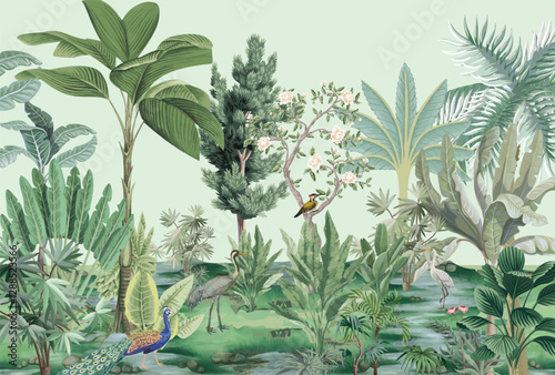 Mughal Garden, Tropical garden, watercolor tree, birds, watercolor background.