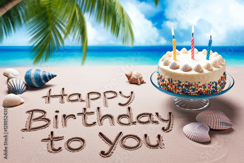 A vibrant tropical beach scene with a birthday cake surrounded by seashells and Happy Birthday to You elegantly written in the sand. Ideal for festive birthday backgrounds and summer celebration.