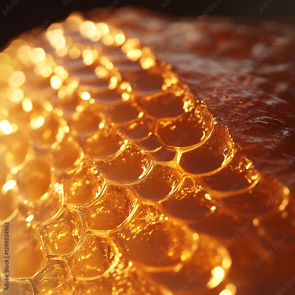 Close-Up View of Honeycomb Structure with Golden Honey Dripping Close-Up View of Honeycomb Structure with Golden Honey Dripping