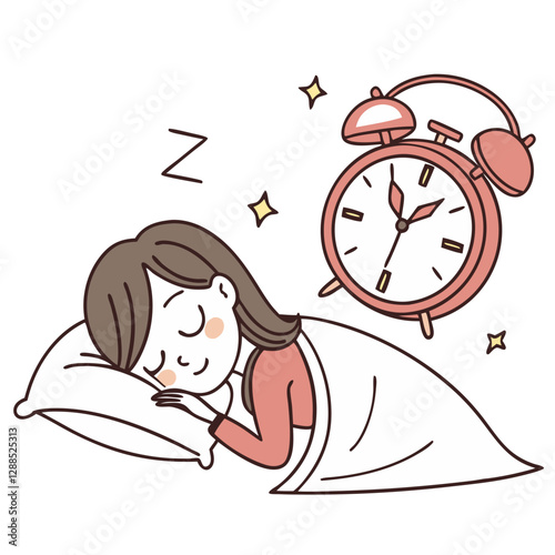 A young woman is peacefully sleeping with a content expression, her head resting on a pillow. Beside her, a cartoon-style alarm clock shows the time, adding a playful element to the serene scene