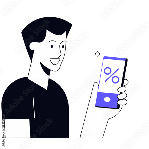 A young man smiles widely as he holds his smartphone displaying a discount offer. The moment captures his joy and satisfaction during a shopping experience