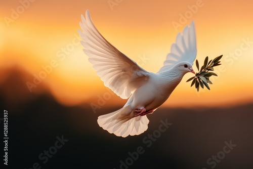 White dove flying with open wings carrying an olive branch at sunset