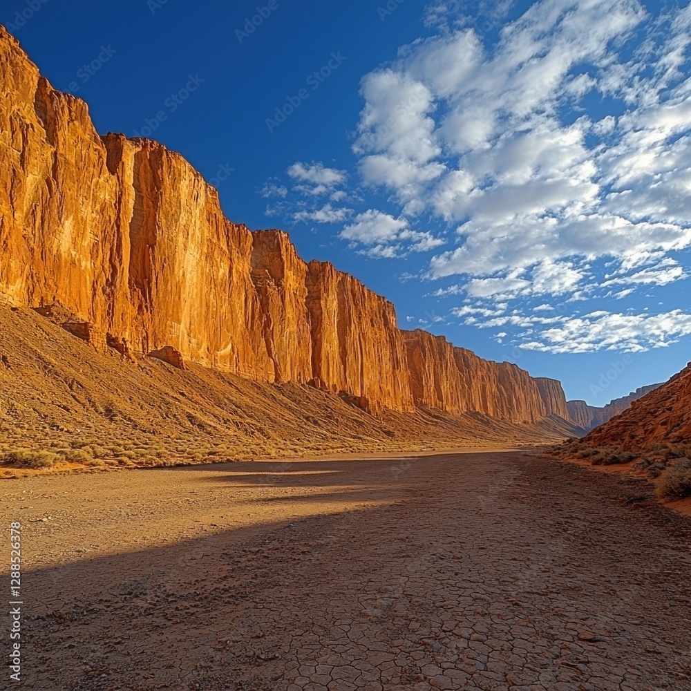 Naklejka premium Desert canyon pathway with towering rock walls, under a bright blue sky