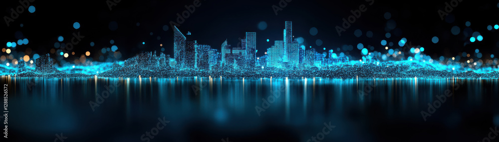Obraz premium Holographic digital cityscape with glowing buildings and reflections