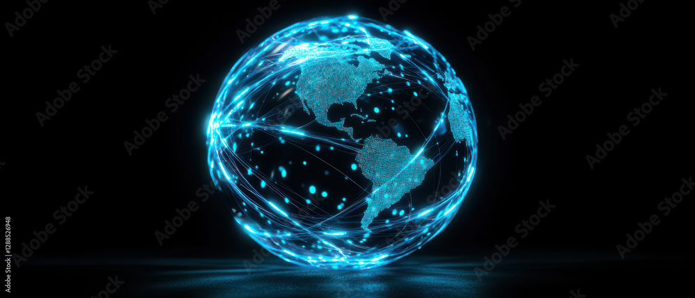 Glowing blue globe with interconnected lines representing networked world Glowing blue globe with interconnected lines representing networked world