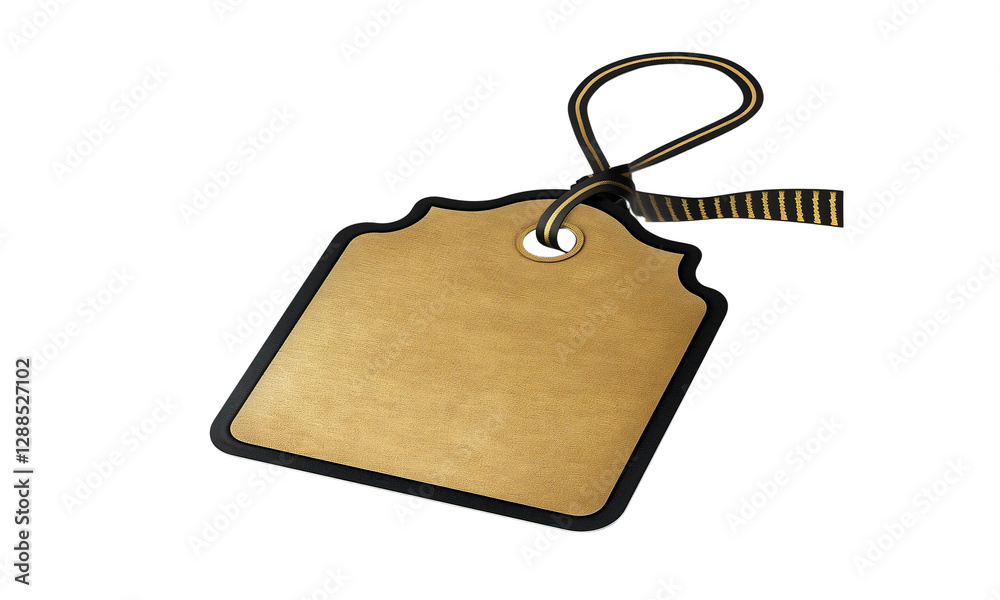 Fototapeta premium Blank Tag with Ribbon: A close-up studio shot showcases a beautifully crafted blank tag made of gold paper with black border and a decorative ribbon, ready for a personal touch.