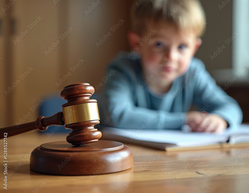 Judge gavel close-up with blurred child in background child custody concept. Court decision legal judgement. Family divorce. Parenting justice, child innocence. Responsibility, emotional courtroom Judge gavel close-up with blurred child in background child custody concept. Court decision legal judgement. Family divorce. Parenting justice, child innocence. Responsibility, emotional courtroom