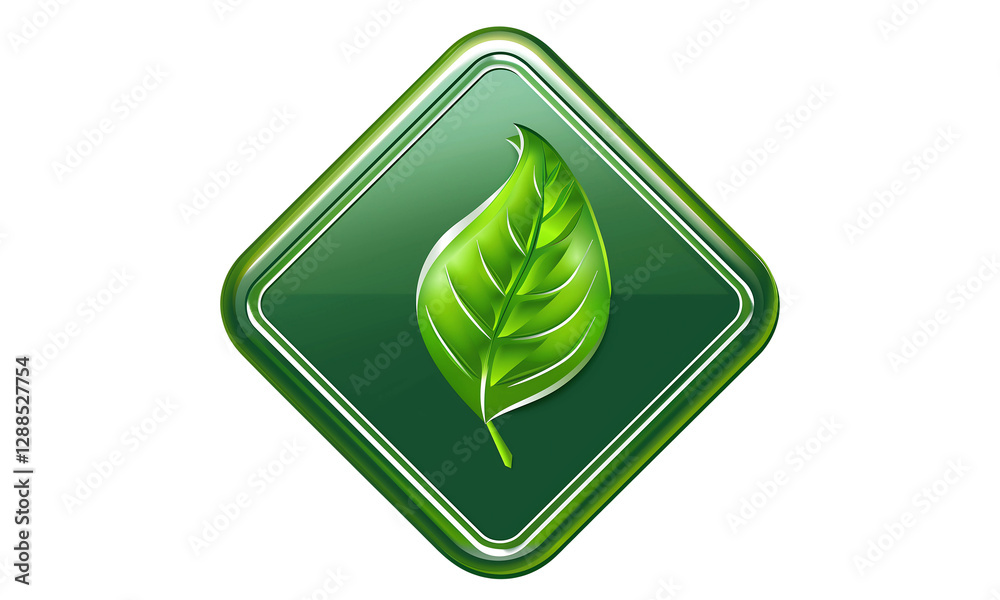 Eco-Conscious Icon: A striking green leaf, nestled within a polished green and silver rhombus-shaped badge, representing environmental consciousness, sustainability, and natural beauty. Eco-Conscious Icon: A striking green leaf, nestled within a polished green and silver rhombus-shaped badge, representing environmental consciousness, sustainability, and natural beauty.