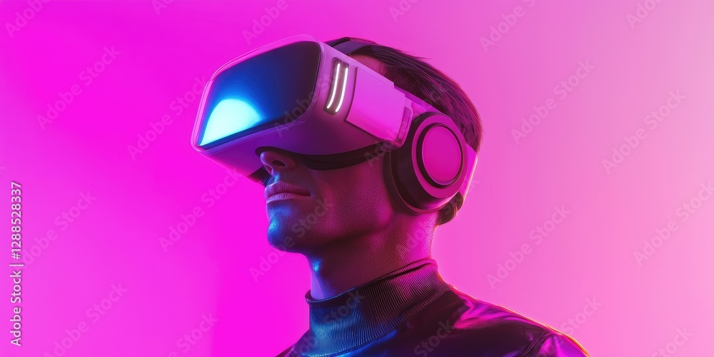 A person wearing a VR headset, immersed in a vibrant, colorful atmosphere with pink and blue lighting. A person wearing a VR headset, immersed in a vibrant, colorful atmosphere with pink and blue lighting.