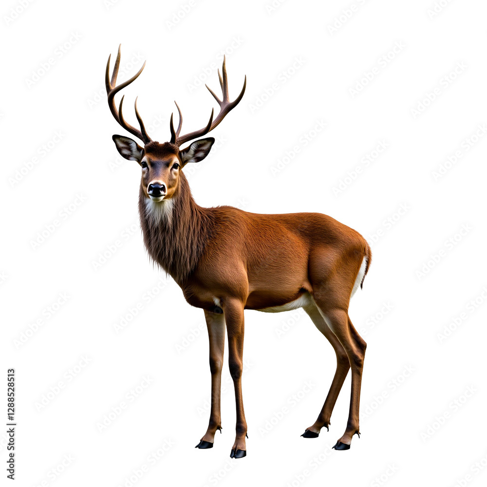 Obraz premium Majestic red deer stag portrait, isolated on transparent background. Full body studio shot of alert animal with detailed fur and antlers. Wildlife illustration for nature designs.