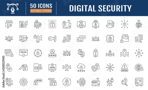 Digital Security Line Editable Icon set. Containing data
protection, secure, security, antivirus, password,
accessibility, phishing, cyber crime, online privacy and
more. Vector Illustration