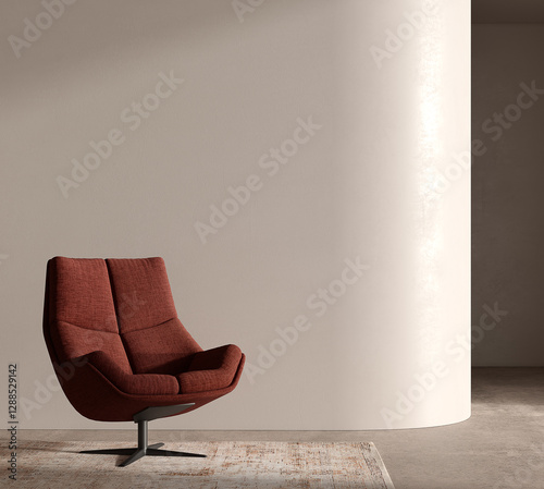 Modern minimalist interior with a burnt-orange swivel chair on a textured rug, set against a neutral curved wall. Soft lighting enhances the elegant, cozy, and contemporary atmosphere
