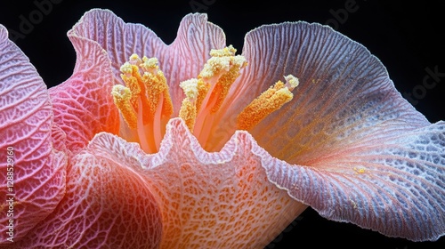 Close-up of a vibrant flower showcasing intricate details and textures against a dark background