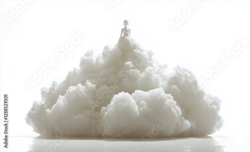 A highly detailed and ultra-realistic photograph of an ice sculpture in the shape of white clouds, isolated on a solid, stark white background with no shadows or reflections.