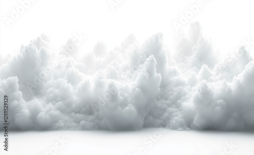 A highly detailed and ultra-realistic photograph of an ice sculpture in the shape of white clouds, isolated on a solid, stark white background with no shadows or reflections.