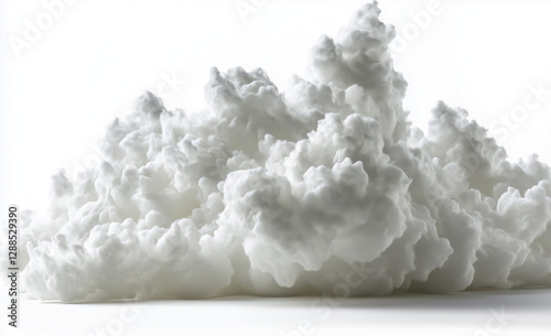 A highly detailed and ultra-realistic photograph of an ice sculpture in the shape of white clouds, isolated on a solid, stark white background with no shadows or reflections.