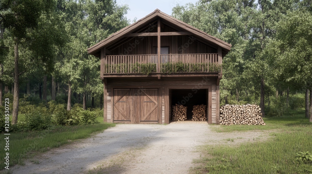 Tranquil Rustic Timber Frame House in Forest Clearing with Clay Walls and Barn Door, Photorealistic Retreat Amid Lush Valley Tranquil Rustic Timber Frame House in Forest Clearing with Clay Walls and Barn Door, Photorealistic Retreat Amid Lush Valley