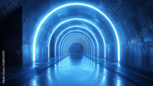 A blue tunnel with neon lights