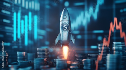 Conceptual finance rocket fueled by success launching amidst digital currency trends and market analysis