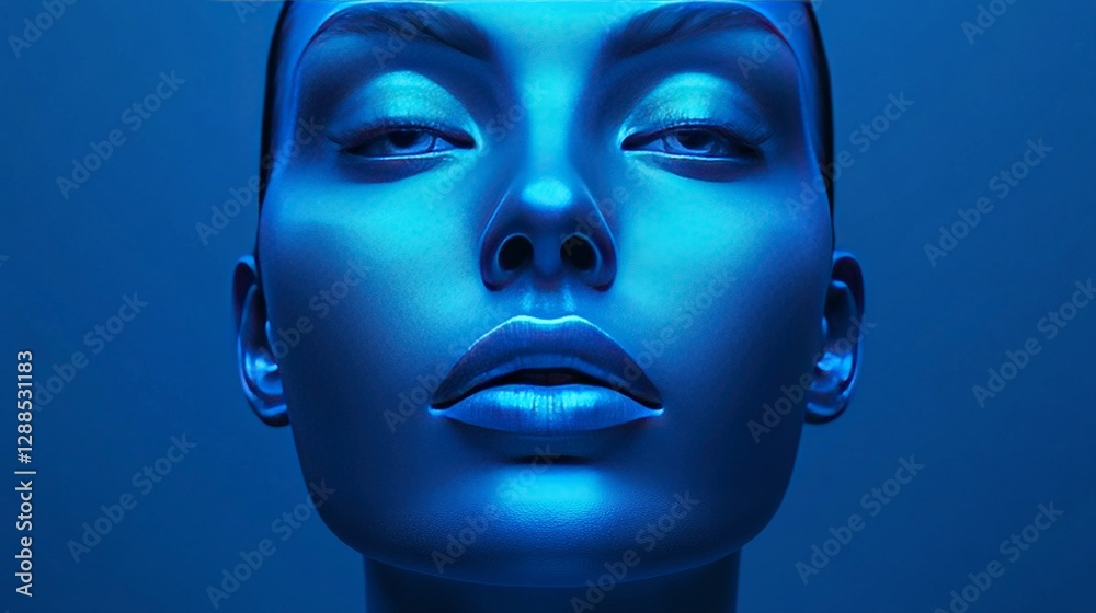 A woman's face is shown in a blue color A woman's face is shown in a blue color