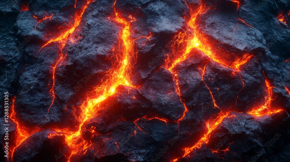 A close up of a lava flow with red and orange lava
