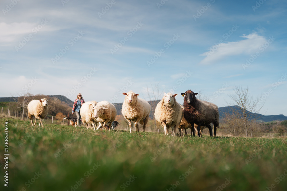 Obraz premium Female farmer walking with sheep and dogs in green meadow on international worker's day