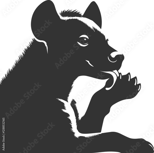 A hyena licking its paw, relaxed and content vector animal silhouette