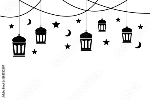Black and white illustration of hanging lanterns and stars, symbolizing the holy month of Ramadan. 