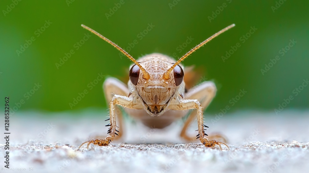 Close-up of a cricket on a textured surface, green background Close-up of a cricket on a textured surface, green background