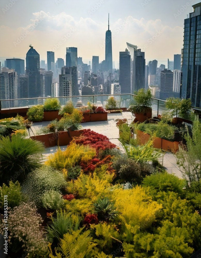 Fototapeta premium urban rooftop garden with a city skyline view