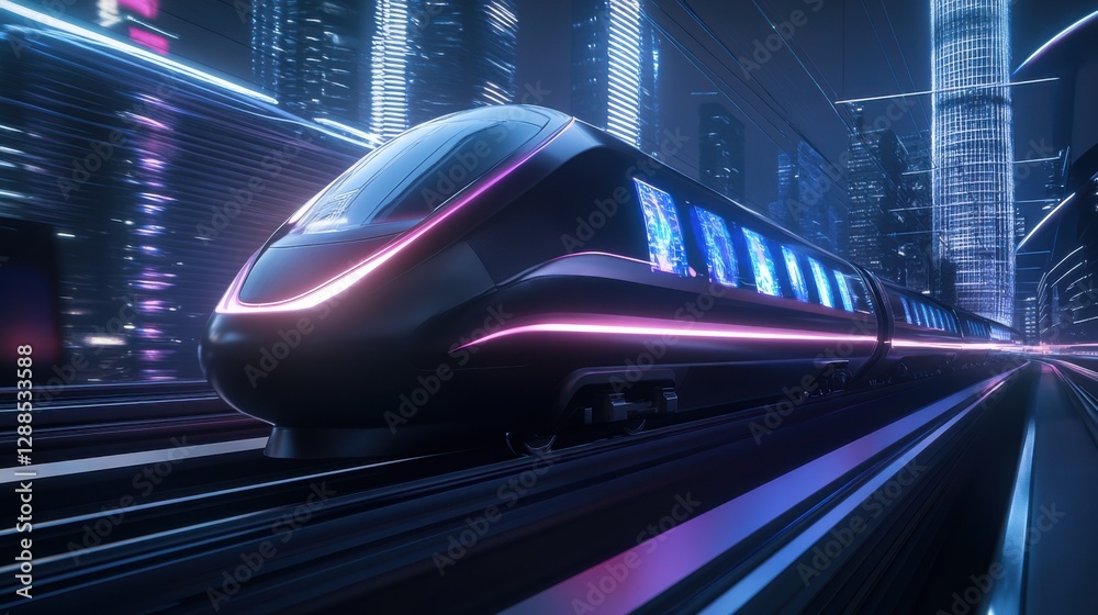 Fototapeta premium Futuristic High-Speed Train in Neon Cityscape at Night