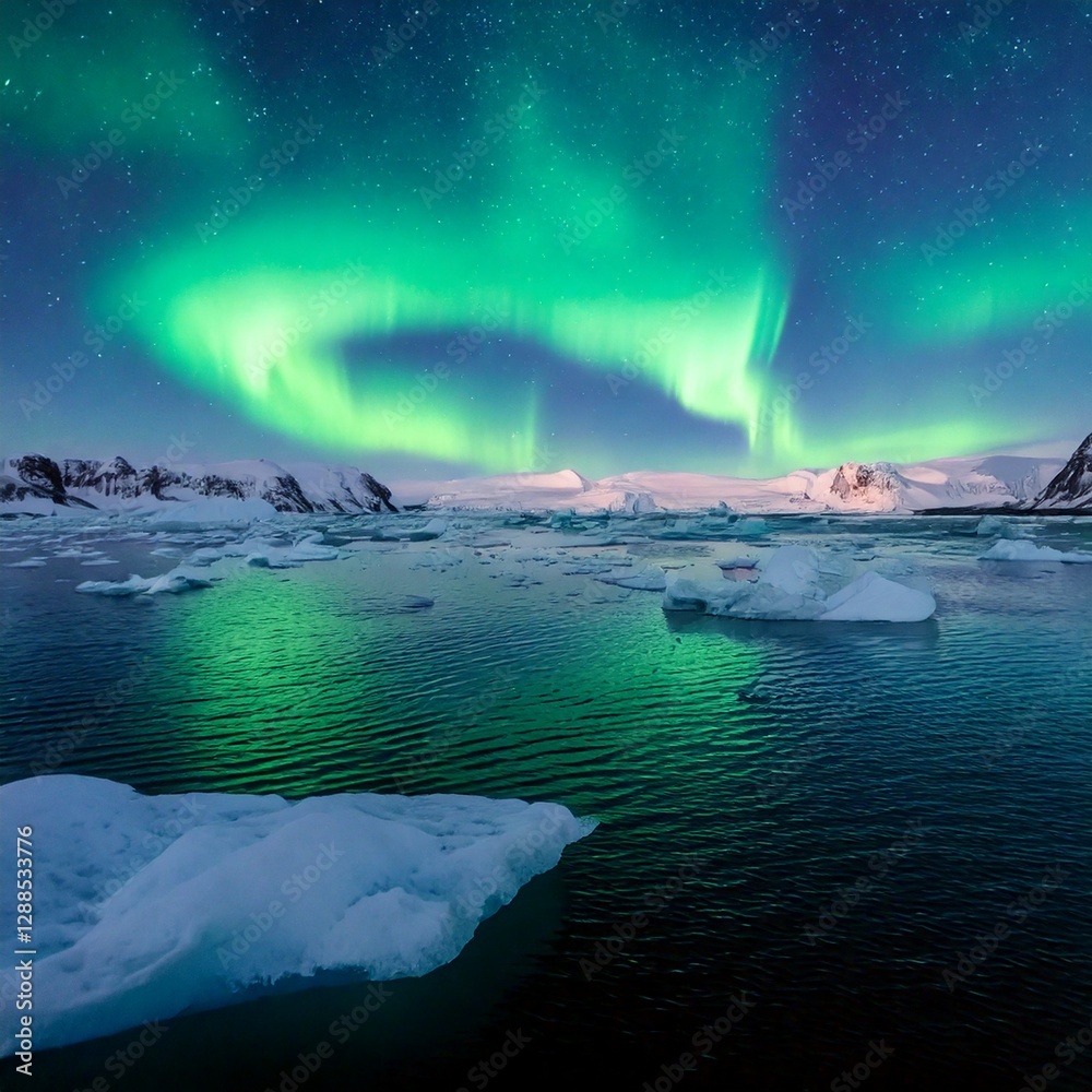 Naklejka premium Arctic landscape with icebergs and a tranquil sea 