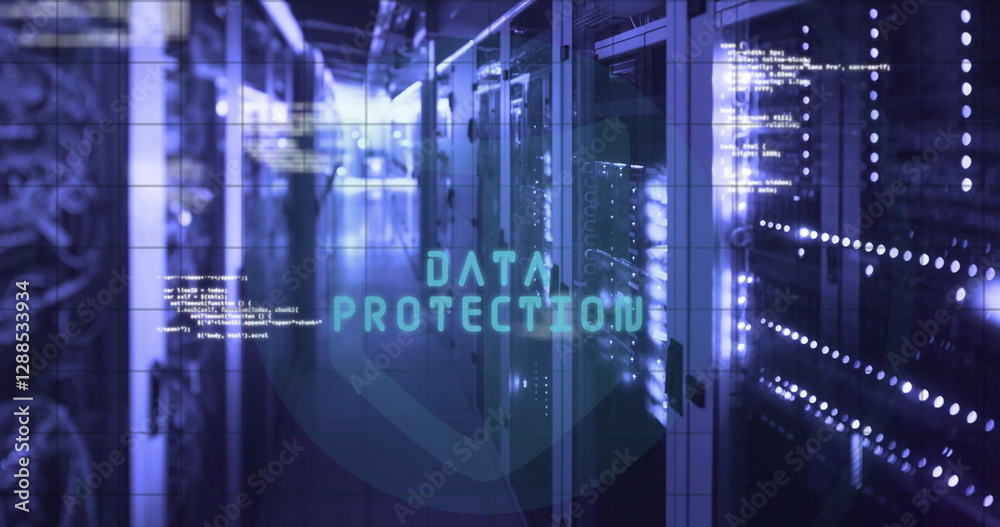Image of data processing and fingerprint with icons over server room Image of data processing and fingerprint with icons over server room