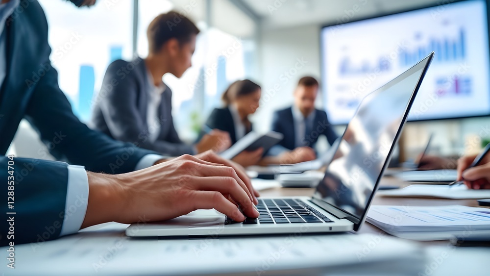 Business professionals working on laptops during a corporate meeting, discussing data and financial reports Business professionals working on laptops during a corporate meeting, discussing data and financial reports