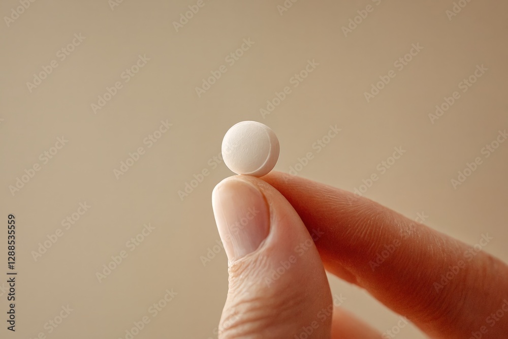 La escena muestra una mano sosteniendo una pequeña pastilla blanca contra un fondo neutro. La escena muestra una mano sosteniendo una pequeña pastilla blanca contra un fondo neutro.