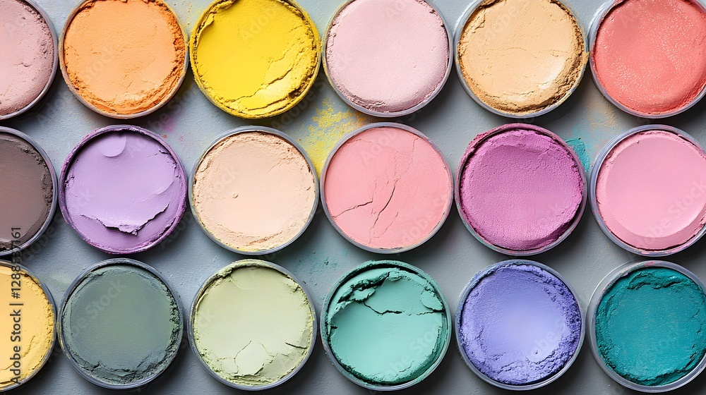 Colorful Palette of Pastel Shades in Round Containers for Creative Art and Design Projects Colorful Palette of Pastel Shades in Round Containers for Creative Art and Design Projects